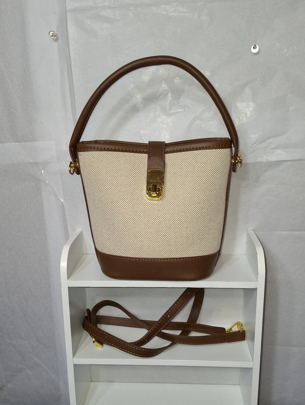Canvas and Brown Leather-Trim Bucket Bag with Top Handle- NWOT
